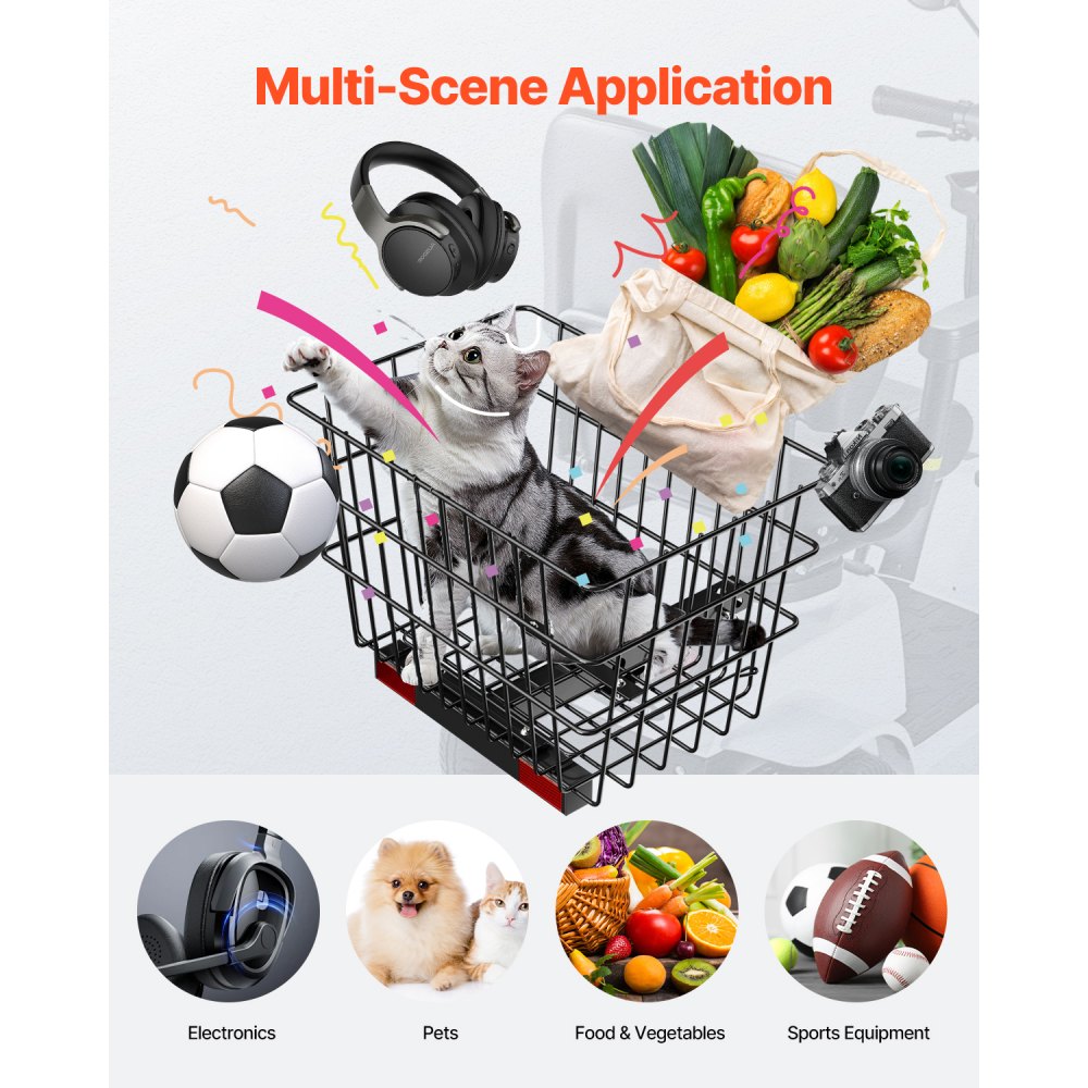 VEVOR Scooter Rear Basket, Heavy Duty Metal Wire Basket with Handle, Spacious Cargo Basket, Works with 1-inch Receiver, Compatible with Most Golden, Drive & Pride Mobility Scooter