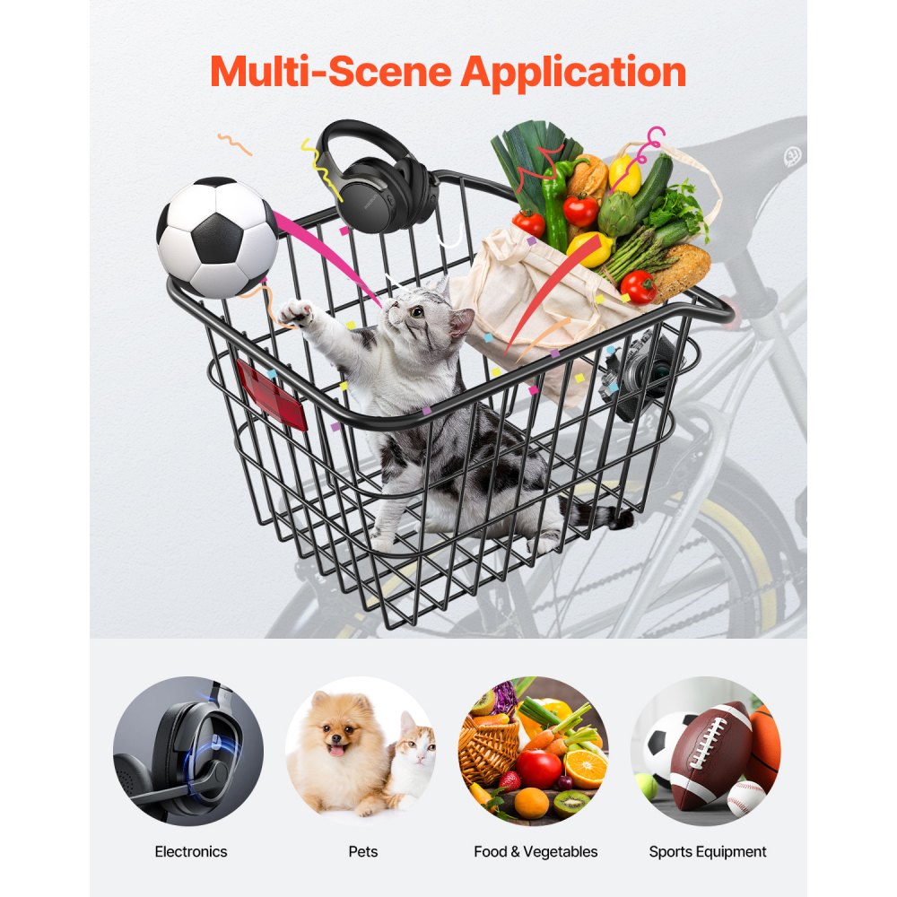 VEVOR Rear Bike Basket, Metal Wire Bicycle Basket with Reflective Tail Light & Waterproof Cover, Durable Bike Back Basket, Fits to Most Rear Bike Racks