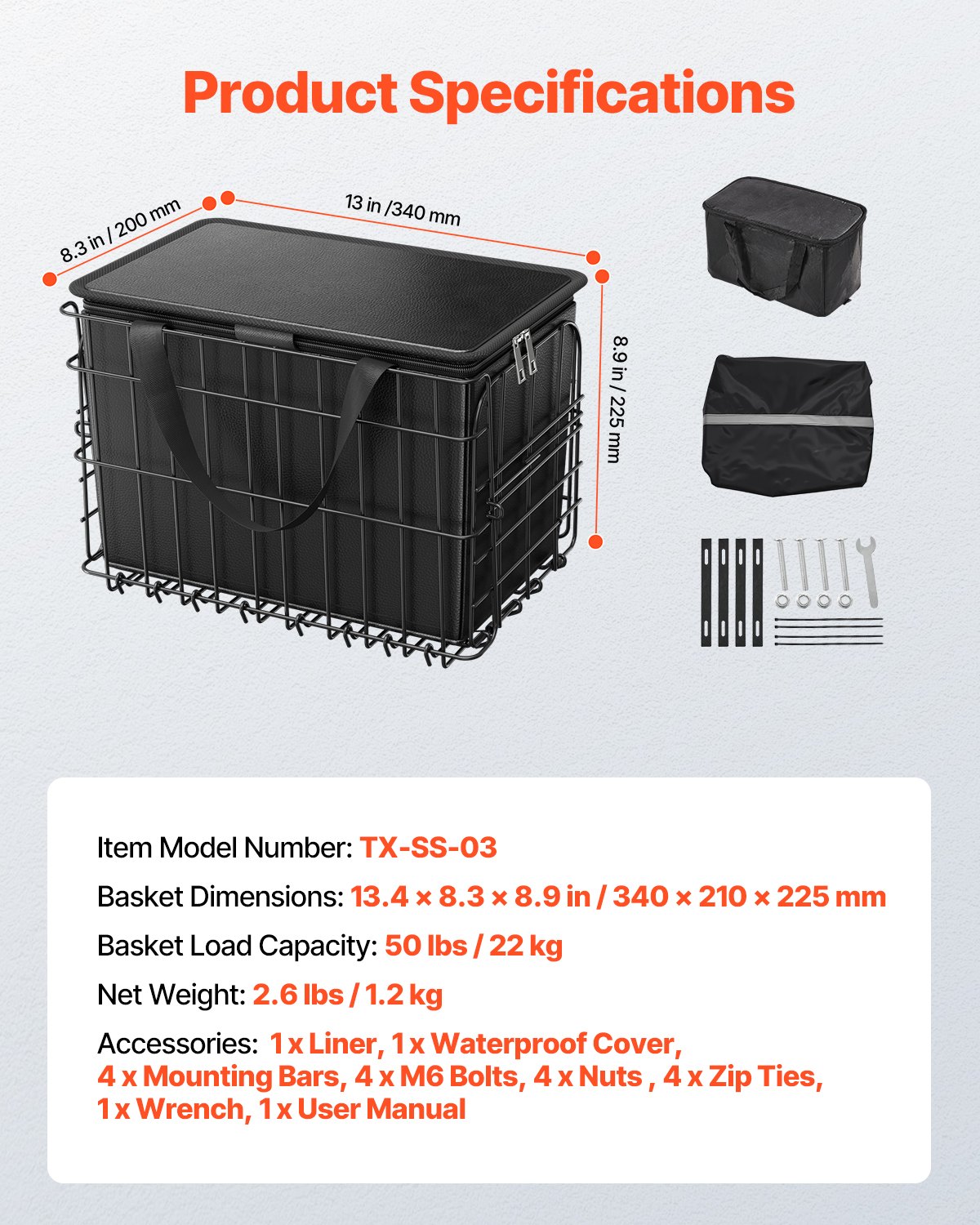 VEVOR Rear Bike Basket, Folding Wire Bicycle Basket with Cargo Net, Removable Liner Bag & Waterproof Cover, Quick Release Design Bike Basket for Adult Women/Men Carrying Dogs Pets Fruit & Grocery