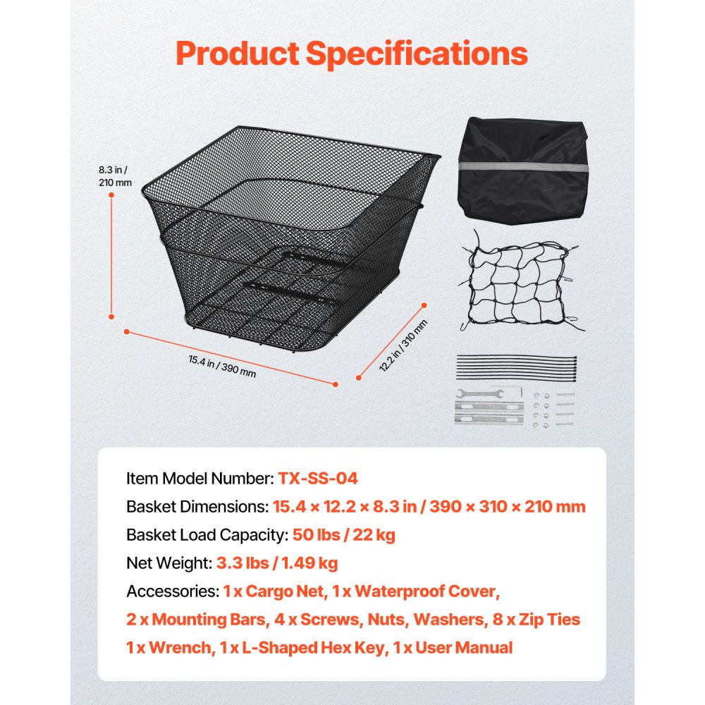 VEVOR Rear Bike Basket, Wire Mesh Bicycle Basket with Cargo Net & Waterproof Cover, Durable Metal Bike Back Basket, Fits Most Rear Bike Racks, Mounting Tools Included