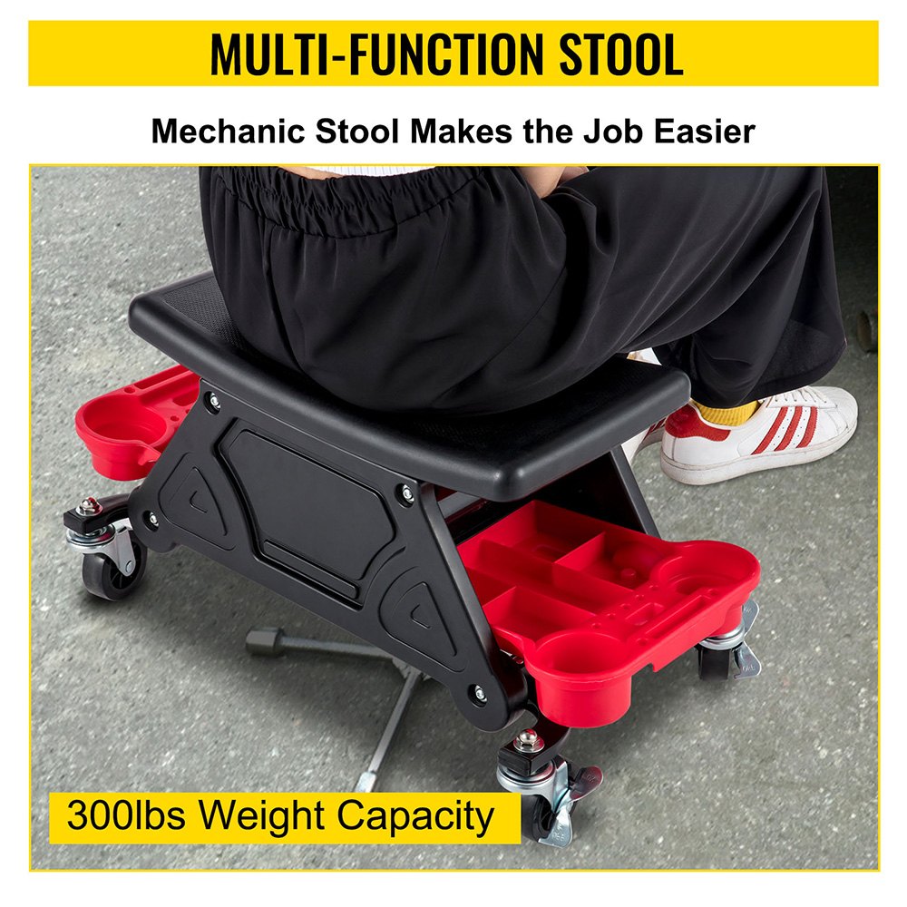 VEVOR Mechanic Stool 300 LBS Capacity Garage Stool with Wheels, Heavy Duty Rolling Mechanics Seat, with Three Slide Out Tool Trays and Drawer, Rolling Tool Seat for Automotive Auto Repair