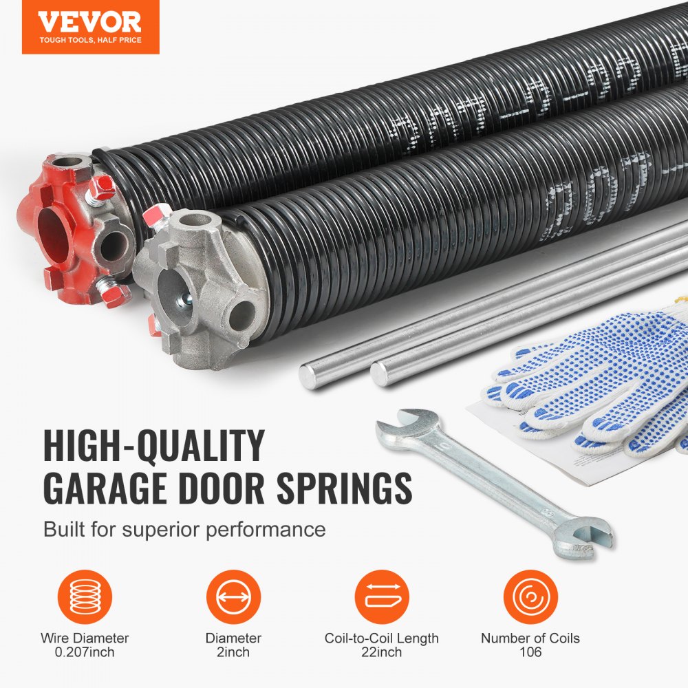 VEVOR Garage Door Torsion Springs, Pair of 0.207 x 2 x 22inch, 16000 Cycles, Garage Door Springs with Non-Slip Winding Bars, Gloves and Mounting Wrench, Electrophoresis Coated for Replacement