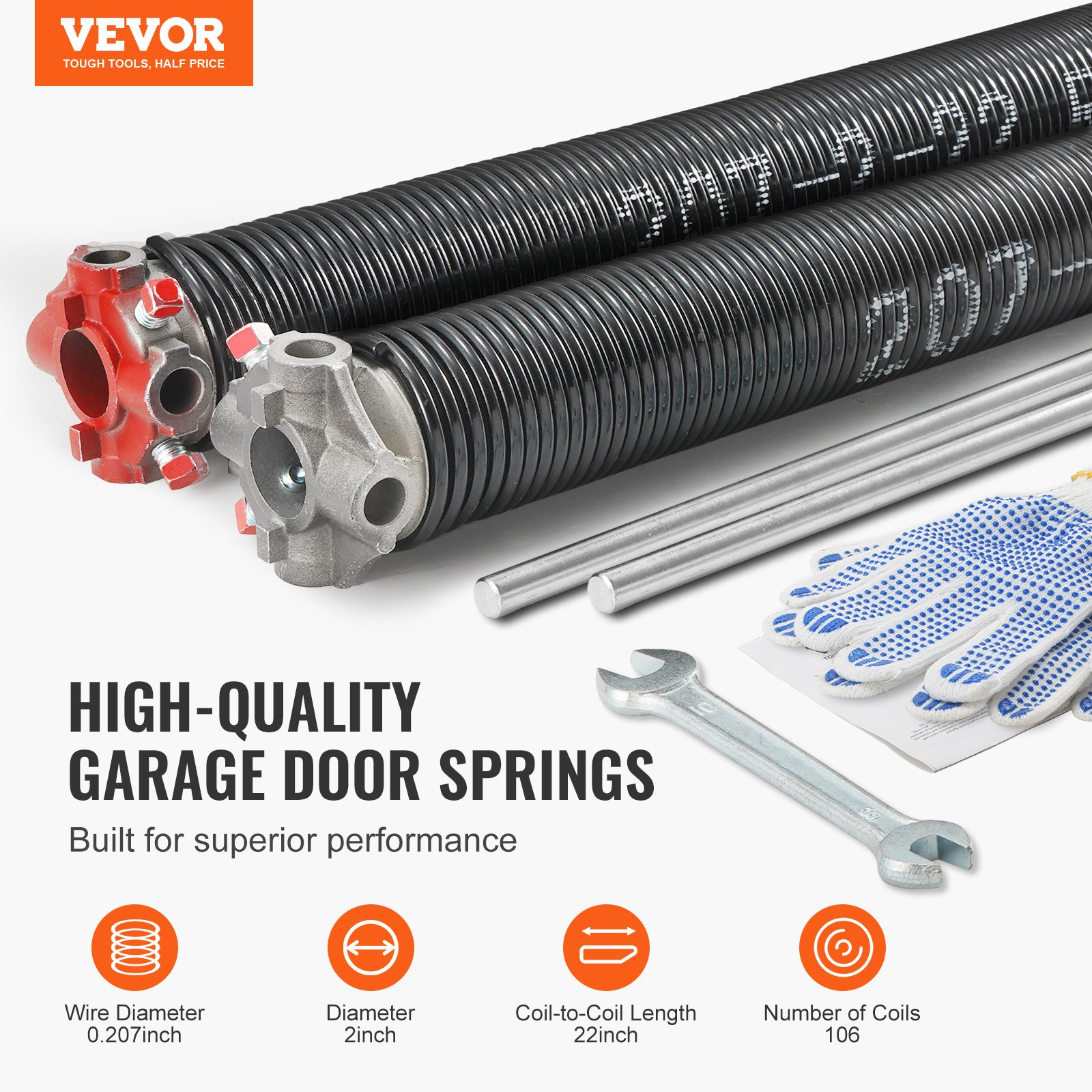 VEVOR Garage Door Torsion Springs Pair of 0.207 x 2 x 22inch with Winding Bars