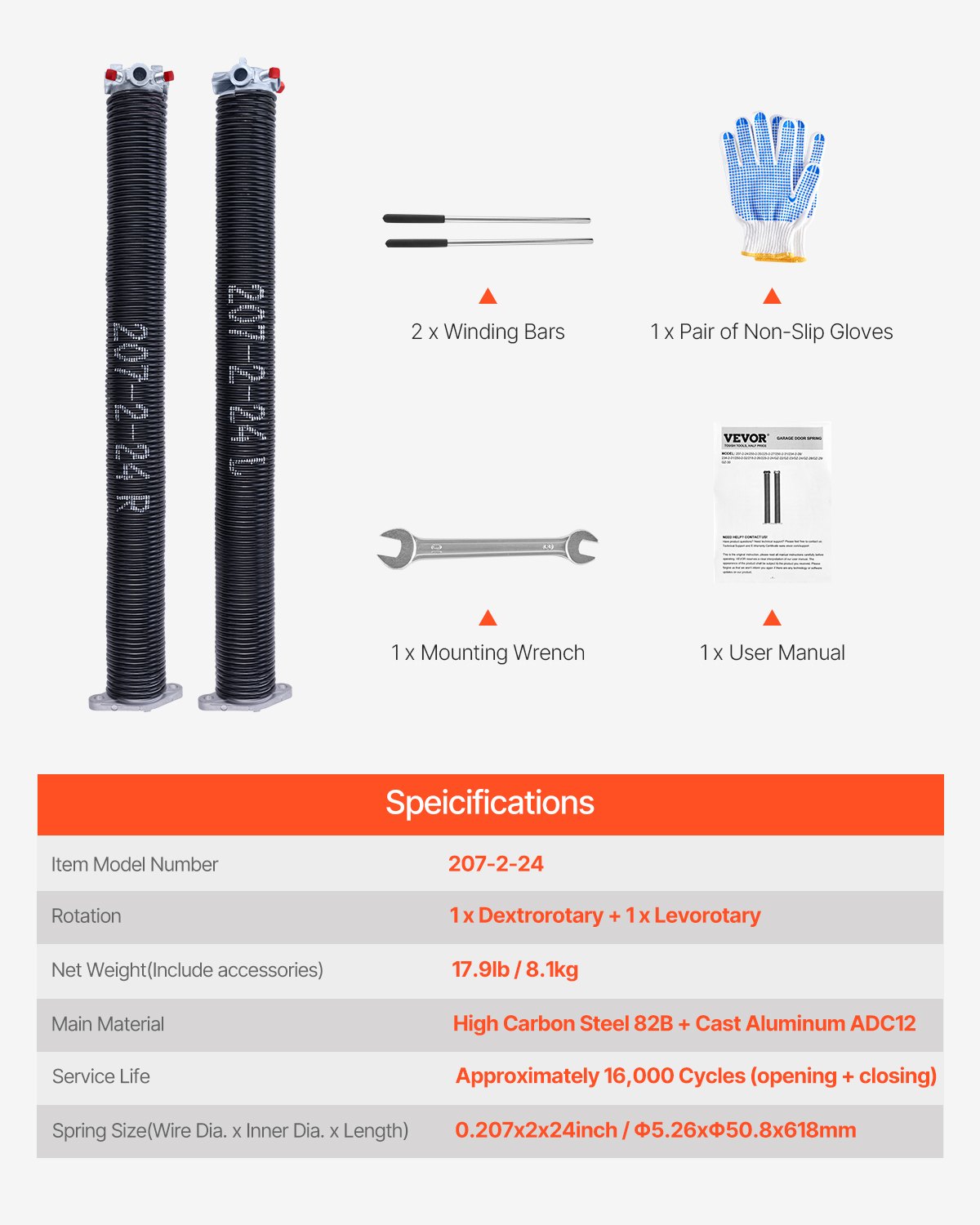 VEVOR Garage Door Torsion Springs Pair of 5.26 x 50.8 x 618 mm with Winding Bars