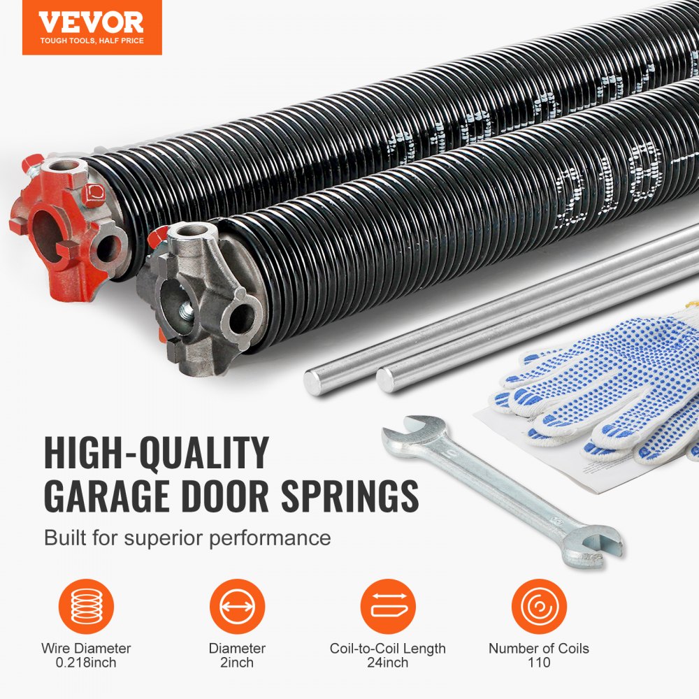 VEVOR Garage Door Torsion Springs, Pair of 5.54 x 50.8 x 610 mm, 16000 Cycles, Garage Door Springs with Non-Slip Winding Bars, Gloves and Mounting Wrench, Electrophoresis Coated for Replacement