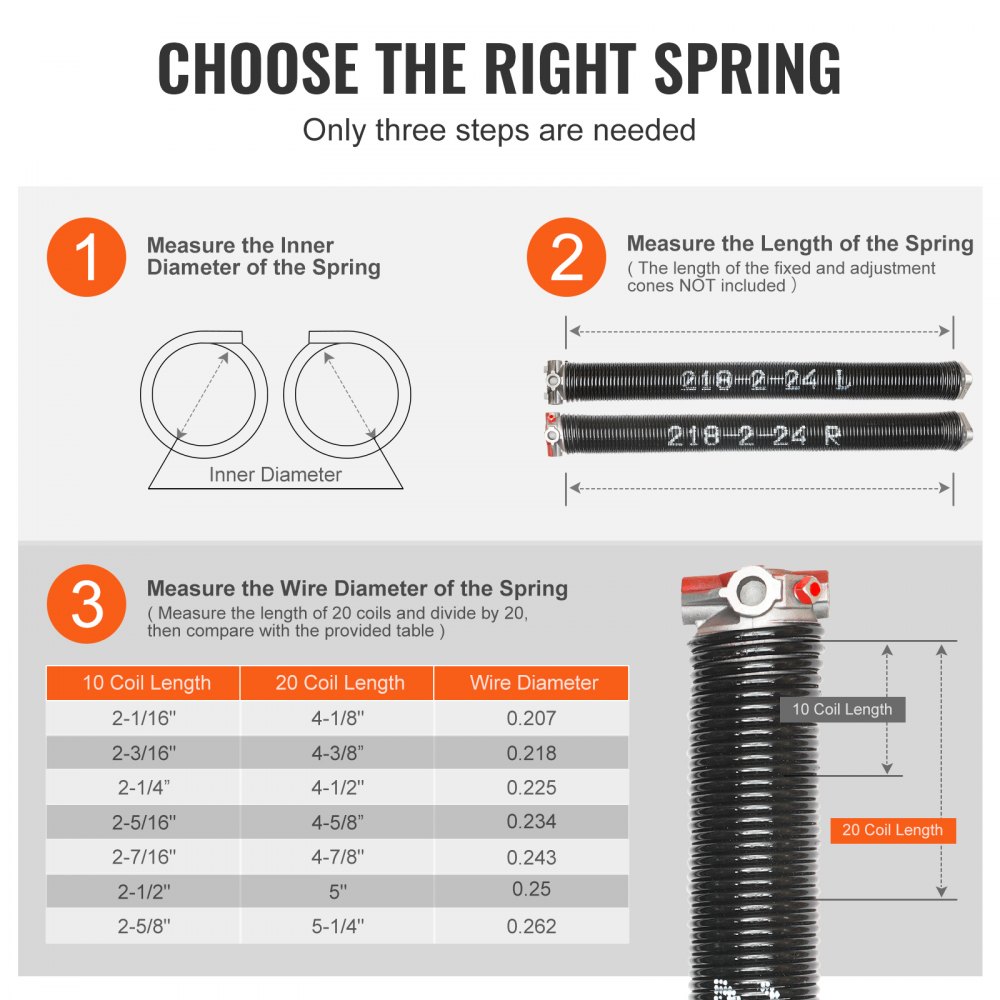 VEVOR Garage Door Torsion Springs, Pair of 0.218 x 2 x 24inch, 16000 Cycles, Garage Door Springs with Non-Slip Winding Bars, Gloves and Mounting Wrench, Electrophoresis Coated for Replacement