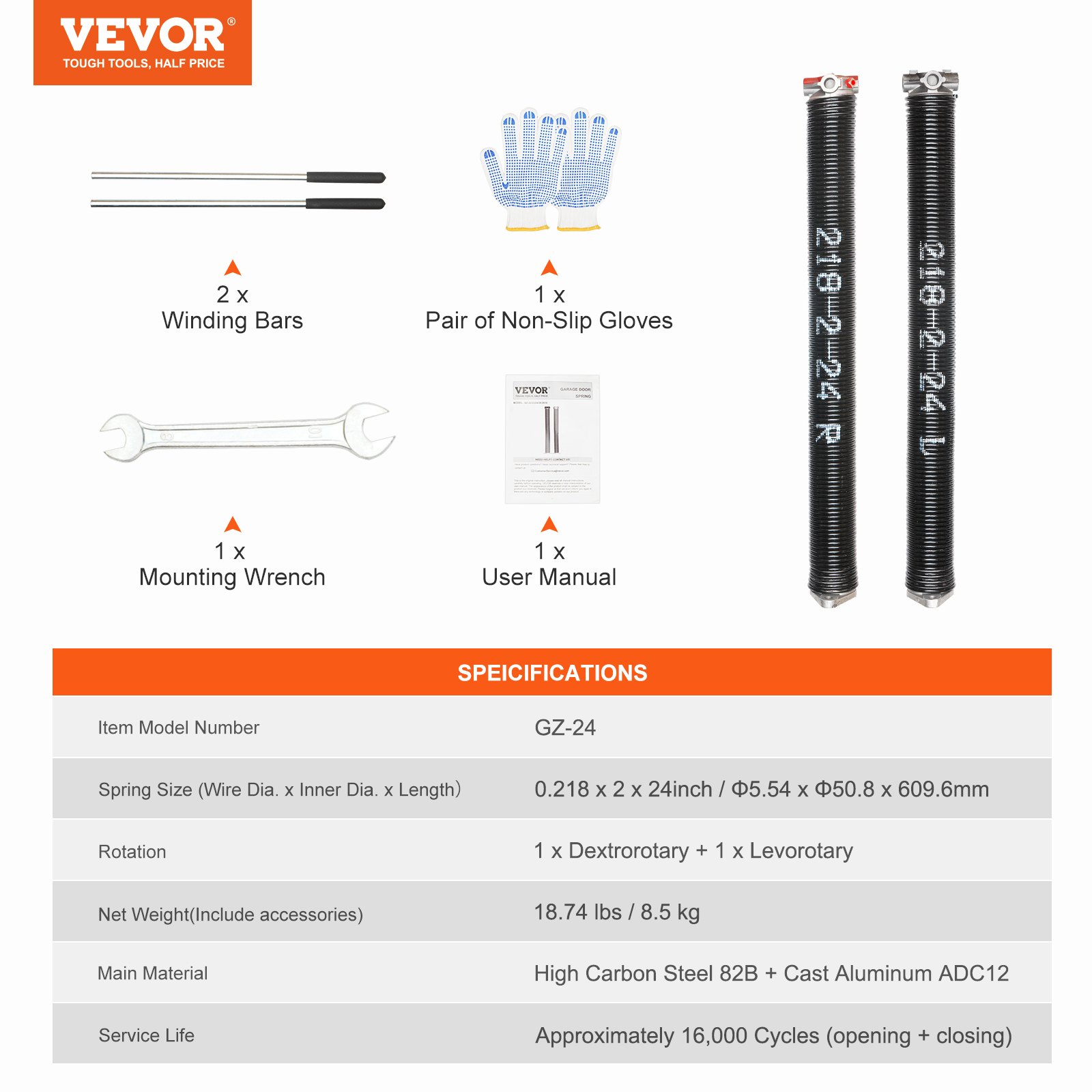VEVOR Garage Door Torsion Springs, Pair of 0.218 x 2 x 24inch, 16000 Cycles, Garage Door Springs with Non-Slip Winding Bars, Gloves and Mounting Wrench, Electrophoresis Coated for Replacement