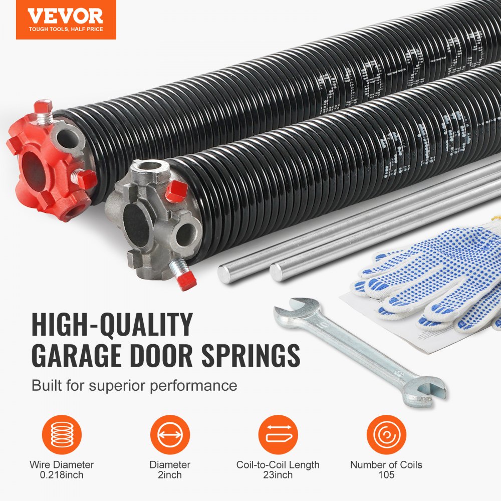 VEVOR Garage Door Torsion Springs, Pair of 5.54 x 50.8 x 5840 mm, 16000 Cycles, Garage Door Springs with Non-Slip Winding Bars, Gloves and Mounting Wrench, Electrophoresis Coated for Replacement