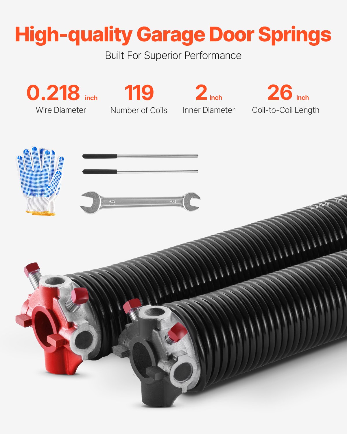 VEVOR Garage Door Torsion Springs, Pair of 0.218 x 2 x 26 in, 16000 Cycles, Electrophoresis Black Coated for Replacement, Garage Door Springs with Non-Slip Winding Bars, Gloves and Mounting Wrench