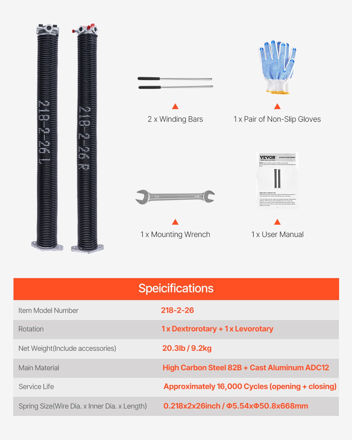 VEVOR Garage Door Torsion Springs, Pair of 0.218 x 2 x 26 in, 16000 Cycles, Electrophoresis Black Coated for Replacement, Garage Door Springs with Non-Slip Winding Bars, Gloves and Mounting Wrench