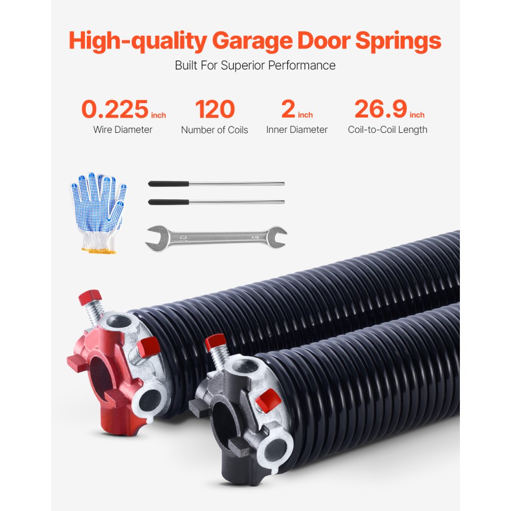 VEVOR Garage Door Torsion Springs, Pair of 0.225 x 2 x 27 in, 16000 Cycles, Electrophoresis Black Coated for Replacement, Garage Door Springs with Non-Slip Winding Bars, Gloves and Mounting Wrench
