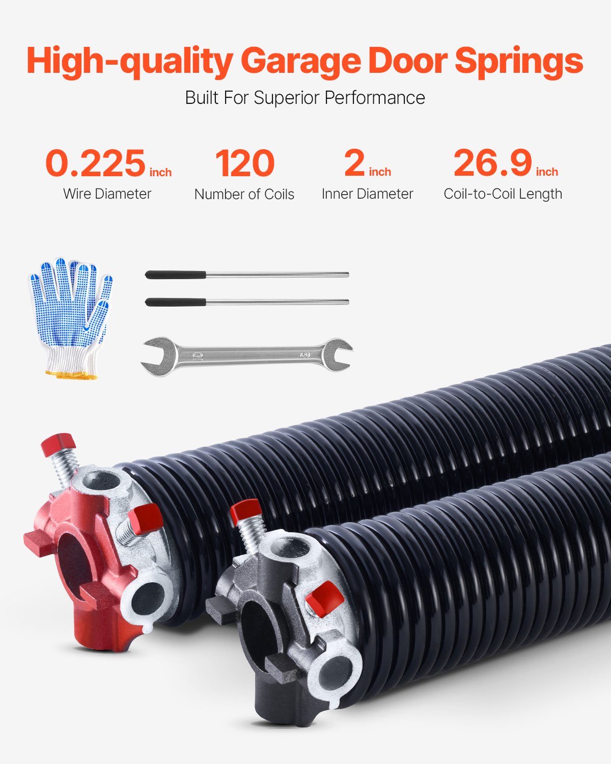 VEVOR Garage Door Torsion Springs, Pair of 0.225 x 2 x 27 in, 16000 Cycles, Electrophoresis Black Coated for Replacement, Garage Door Springs with Non-Slip Winding Bars, Gloves and Mounting Wrench