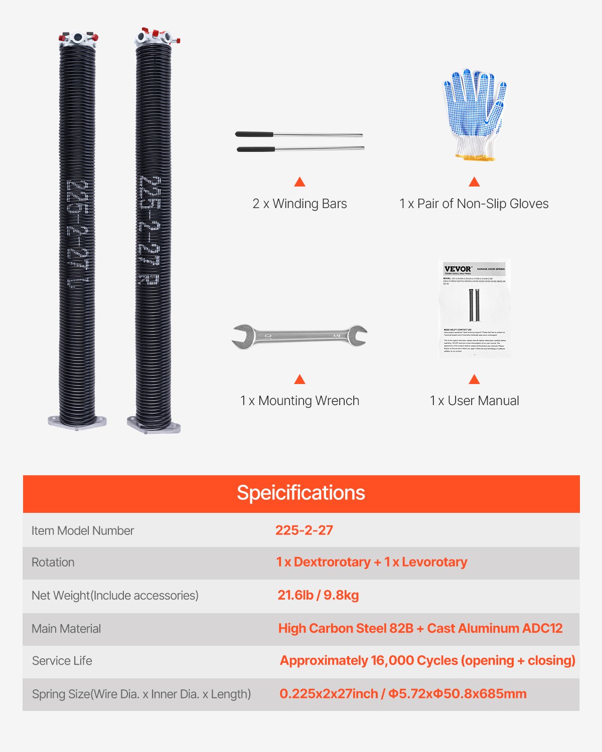 VEVOR Garage Door Torsion Springs, Pair of 0.225 x 2 x 27 in, 16000 Cycles, Electrophoresis Black Coated for Replacement, Garage Door Springs with Non-Slip Winding Bars, Gloves and Mounting Wrench