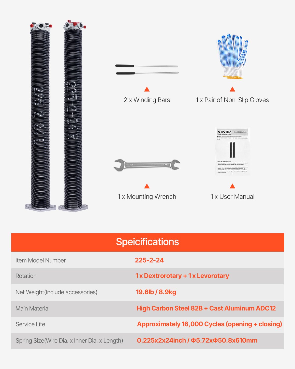 VEVOR Garage Door Torsion Springs, Pair of 0.225 x 2 x 24 in, 16000 Cycles, Electrophoresis Black Coated for Replacement, Garage Door Springs with Non-Slip Winding Bars, Gloves and Mounting Wrench