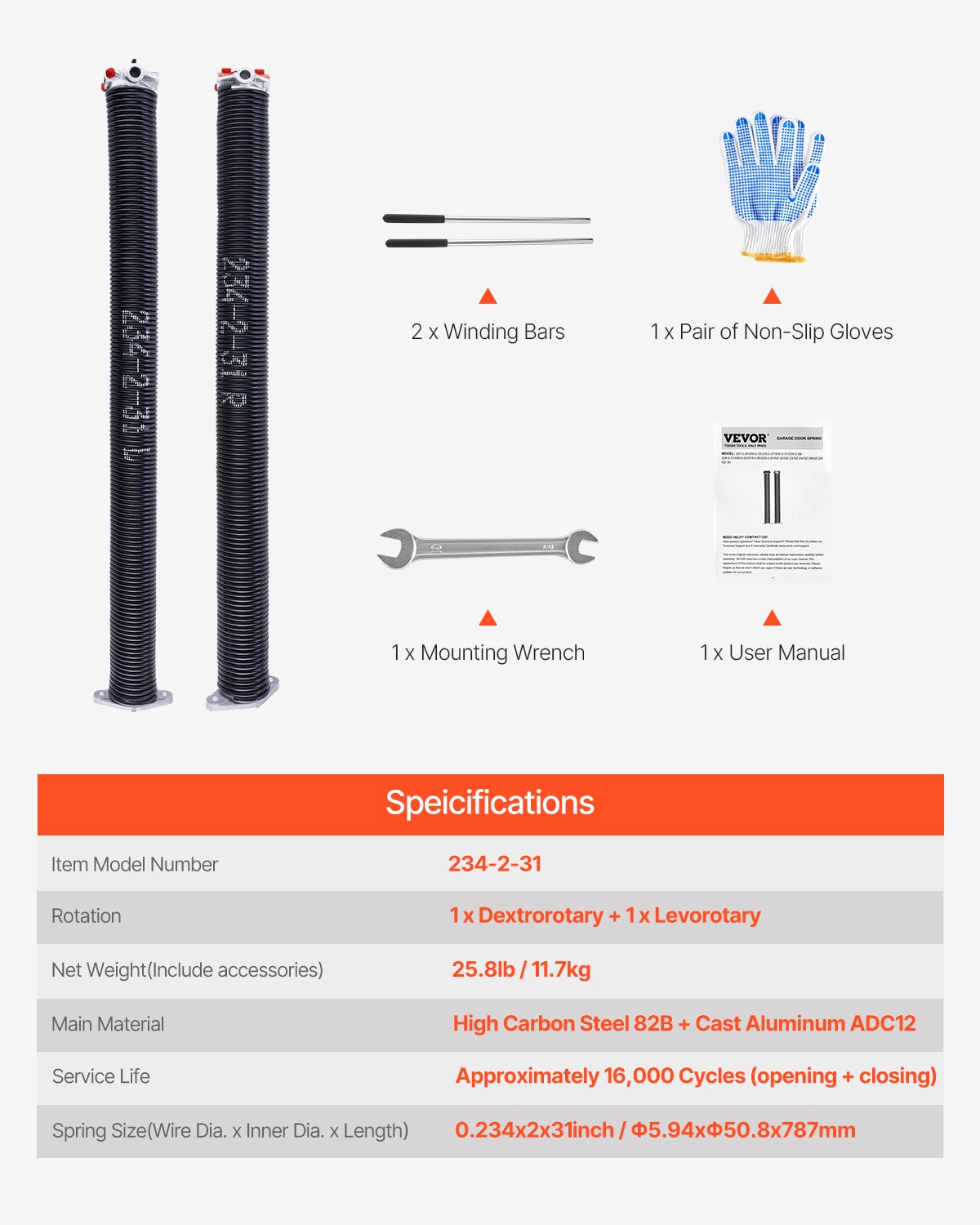 VEVOR Garage Door Torsion Springs, Pair of 0.234 x 2 x 31 in, 16000 Cycles, Electrophoresis Black Coated for Replacement, Garage Door Springs with Non-Slip Winding Bars, Gloves and Mounting Wrench