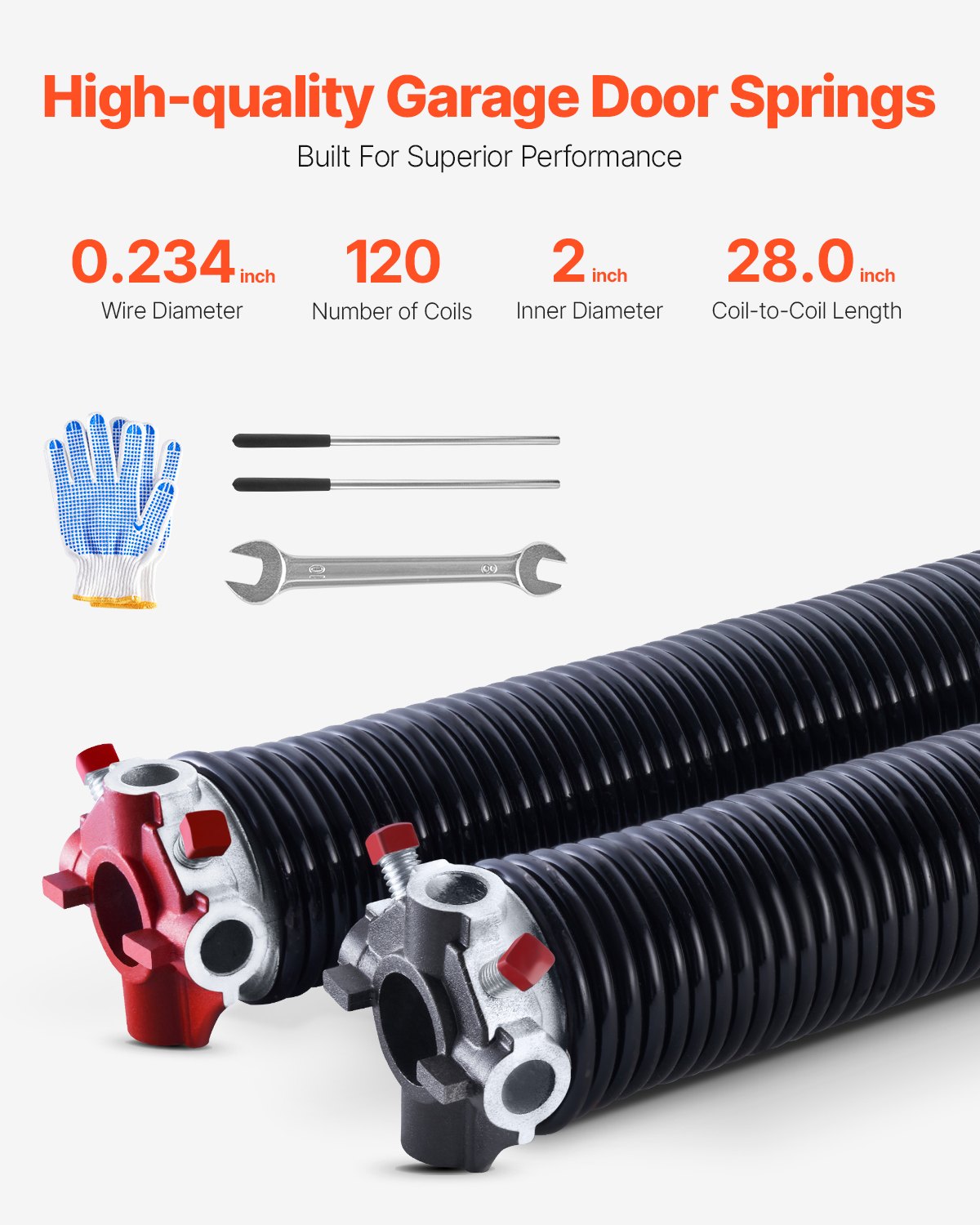 VEVOR Garage Door Torsion Springs, Pair of 0.234 x 2 x 28 in, 16000 Cycles, Electrophoresis Black Coated for Replacement, Garage Door Springs with Non-Slip Winding Bars, Gloves and Mounting Wrench