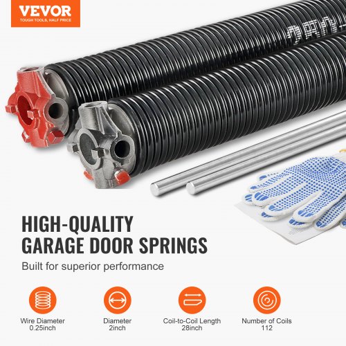 VEVOR Garage Door Torsion Springs, Pair of 0.25 x 2 x 28inch, 16000 Cycles, Garage Door Springs with Non-Slip Winding Bars, Gloves and Mounting Wrench, Electrophoresis Coated for Replacement