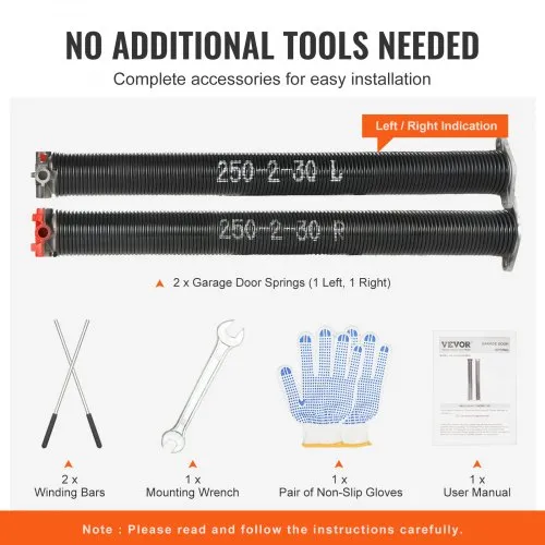 VEVOR Garage Door Torsion Springs – Pair 0.25" X 2" X 30", 16,000 Cycle Rating, With Winding Bars, Gloves & Wrench (Electrophoresis Coated)