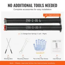 VEVOR Garage Door Torsion Springs, 16000 Cycles, Pair of 0.25 x 2 x 30inch, Garage Door Springs with Non-Slip Winding Bars, Mounting Tool and Gloves, Electrophoresis Coated, for Replacement