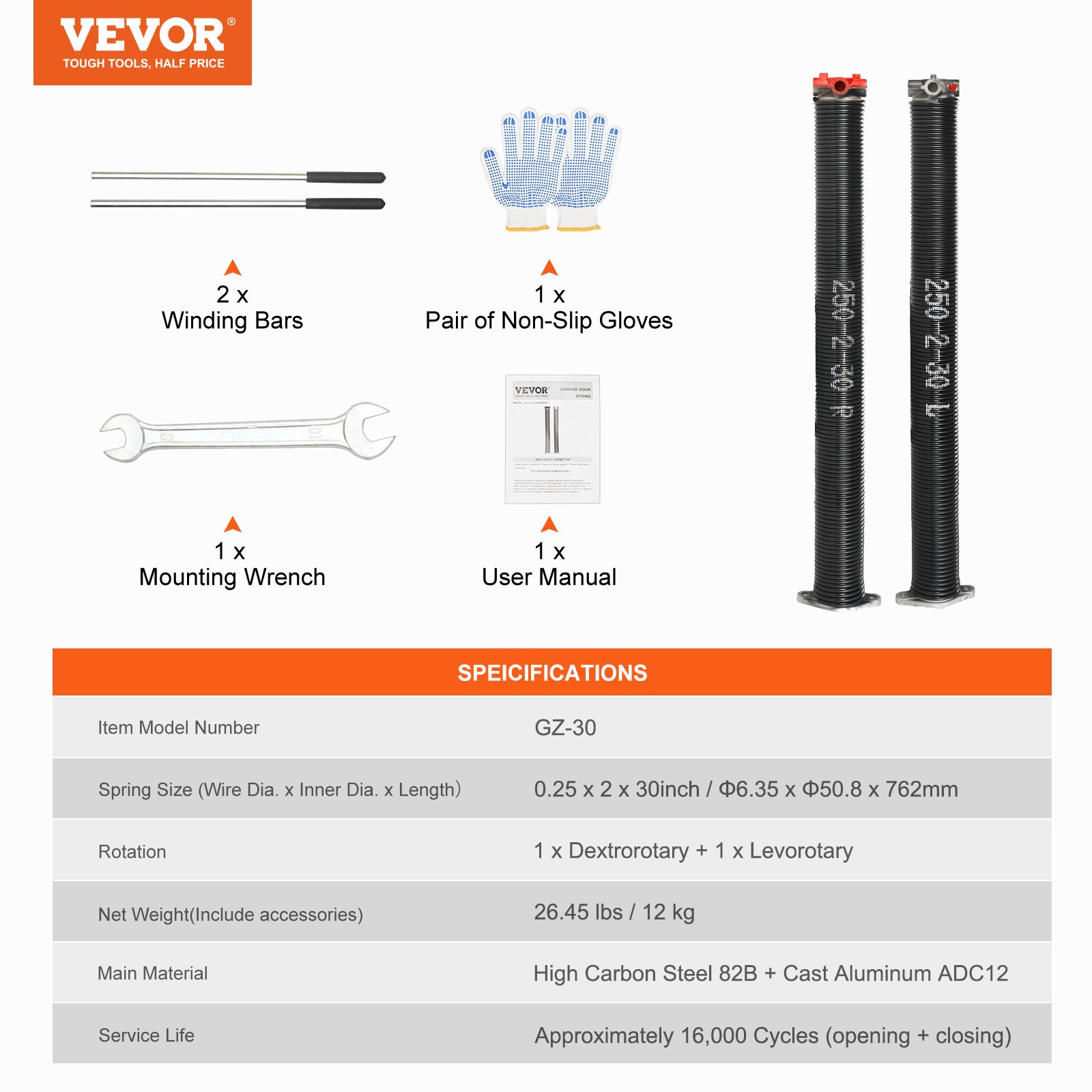 VEVOR Garage Door Torsion Springs, 16000 Cycles, Pair of 6.35 x 50.8 x 762 mm, Garage Door Springs with Non-Slip Winding Bars, Mounting Tool and Gloves, Electrophoresis Coated, for Replacement