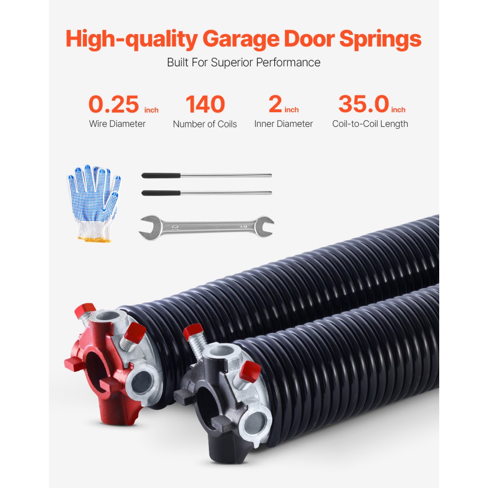 VEVOR Garage Door Torsion Springs, Pair of 0.250 x 2 x 35 in, 16000 Cycles, Electrophoresis Black Coated for Replacement, Garage Door Springs with Non-Slip Winding Bars, Gloves and Mounting Wrench