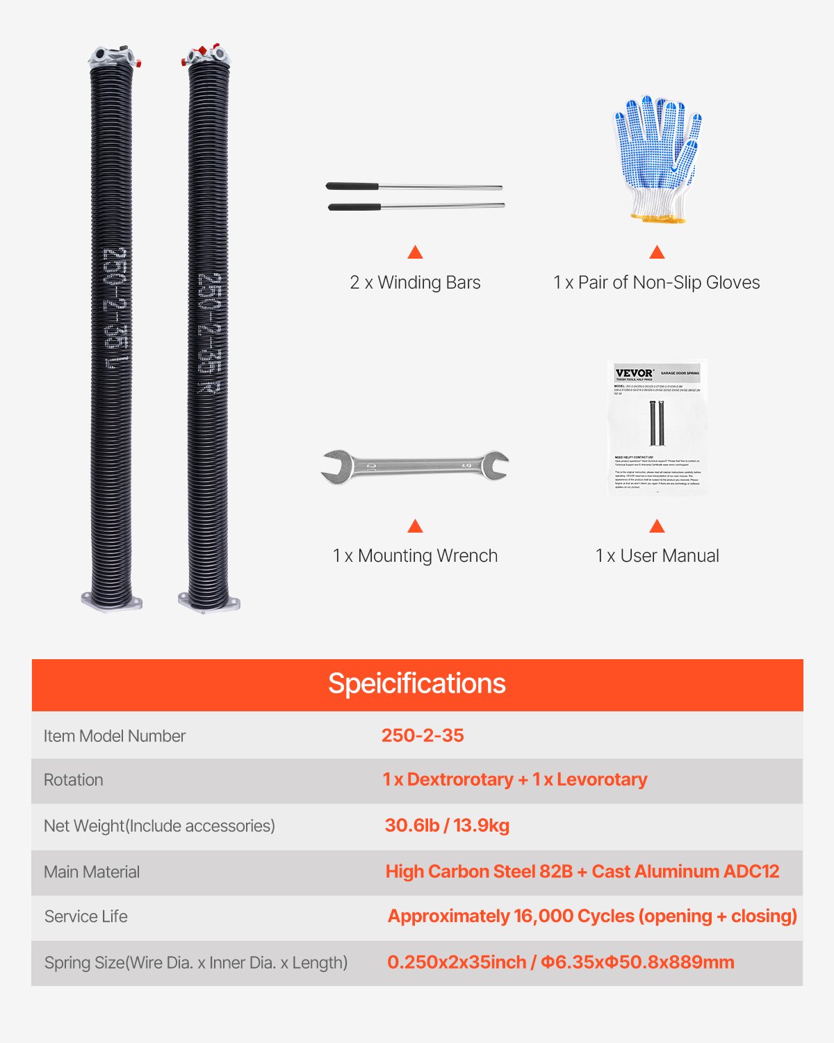 VEVOR Garage Door Torsion Springs, Pair of 0.250 x 2 x 35 in, 16000 Cycles, Electrophoresis Black Coated for Replacement, Garage Door Springs with Non-Slip Winding Bars, Gloves and Mounting Wrench