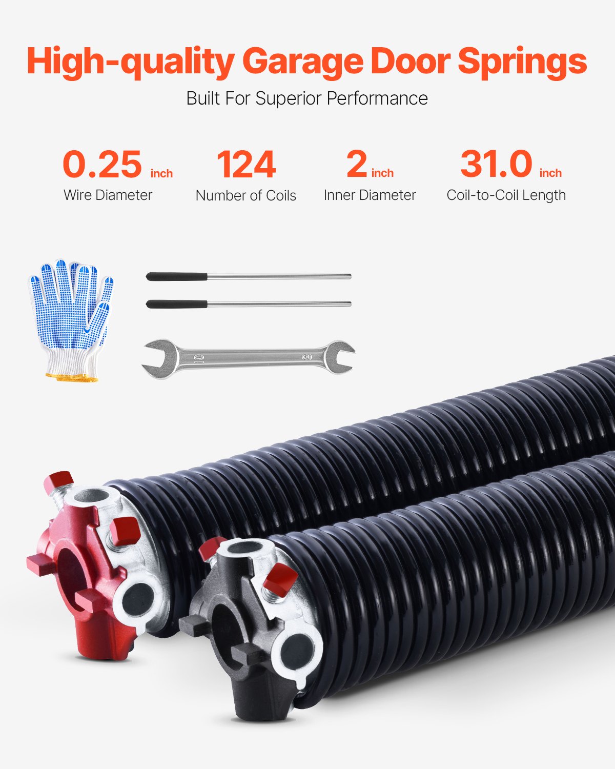 VEVOR Garage Door Torsion Springs, Pair of 0.25 x 2 x 31 in, 16000 Cycles, Electrophoresis Black Coated for Replacement, Garage Door Springs with Non-Slip Winding Bars, Gloves and Mounting Wrench