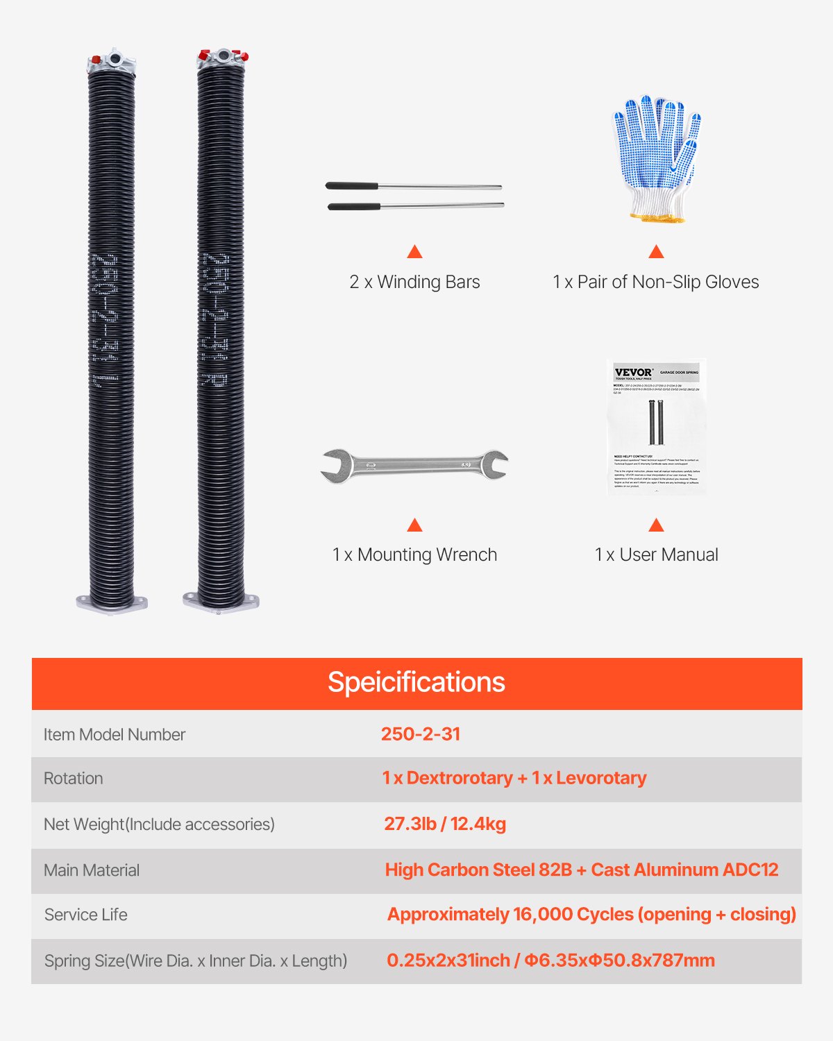 VEVOR Garage Door Torsion Springs, Pair of 6.35 x 50.8 x 787 mmn, 16000 Cycles, Electrophoresis Black Coated for Replacement, Garage Door Springs with Non-Slip Winding Bars, Gloves and Mounting Wrench