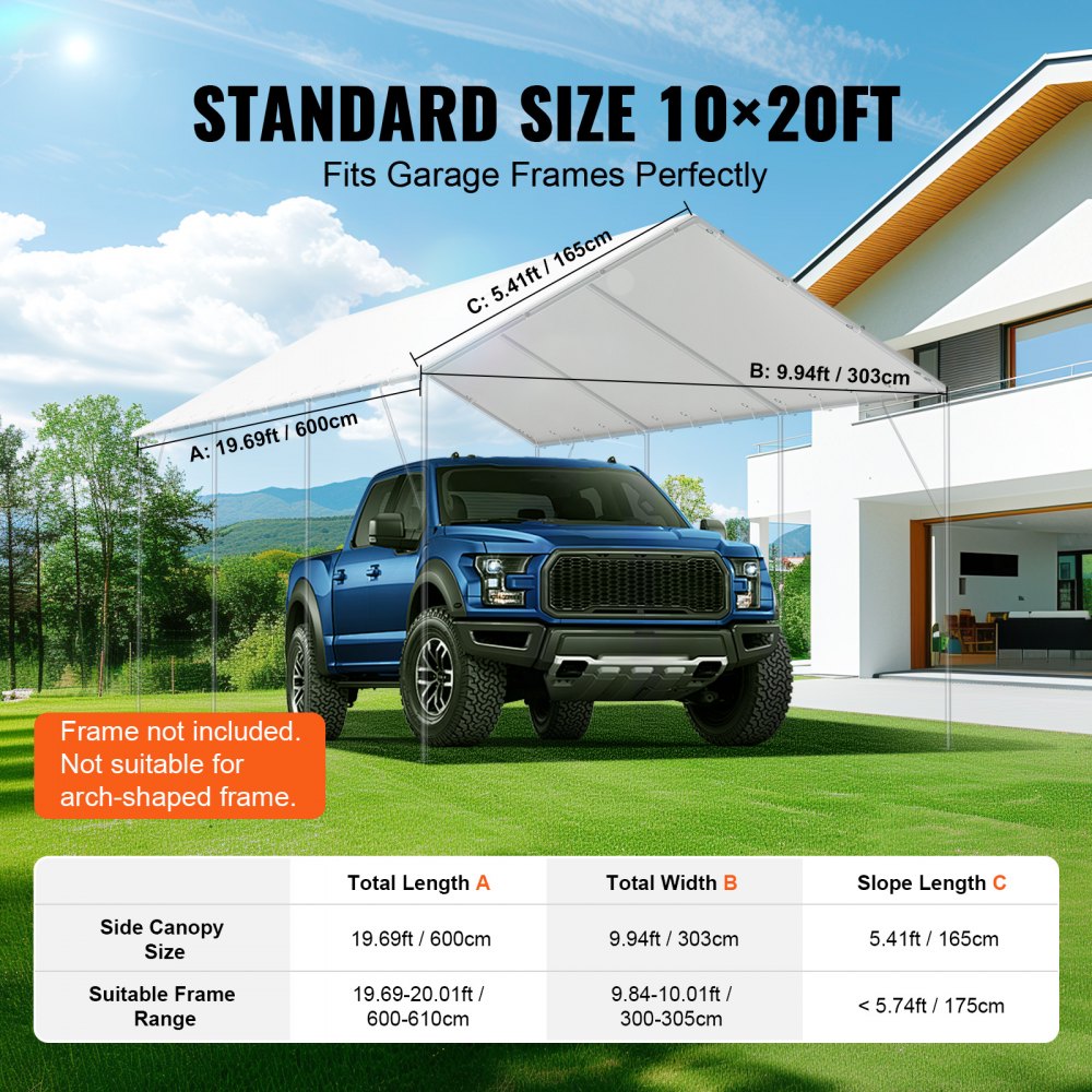 VEVOR 10 x 20 ft Carport Replacement Canopy Cover, Garage Top Tent Shelter Tarp Heavy-Duty Waterproof & UV Protected, Easy Installation with 40 Ball Bungeess (Only Top Cover, Frame Not Include), White