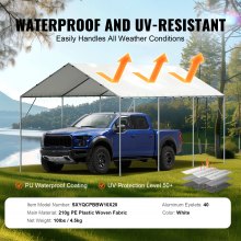 VEVOR 10 x 20 ft Carport Replacement Canopy Cover, Garage Top Tent Shelter Tarp Heavy-Duty Waterproof & UV Protected, Easy Installation with 40 Ball Bungeess (Only Top Cover, Frame Not Include), White