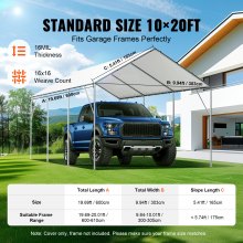 VEVOR 10 x 20 ft Carport Replacement Canopy Cover, Garage Top Tent Shelter Tarp Heavy-Duty Waterproof & UV Protected, Easy Installation with 40 Ball Bungeess (Only Top Cover, Frame Not Include), White