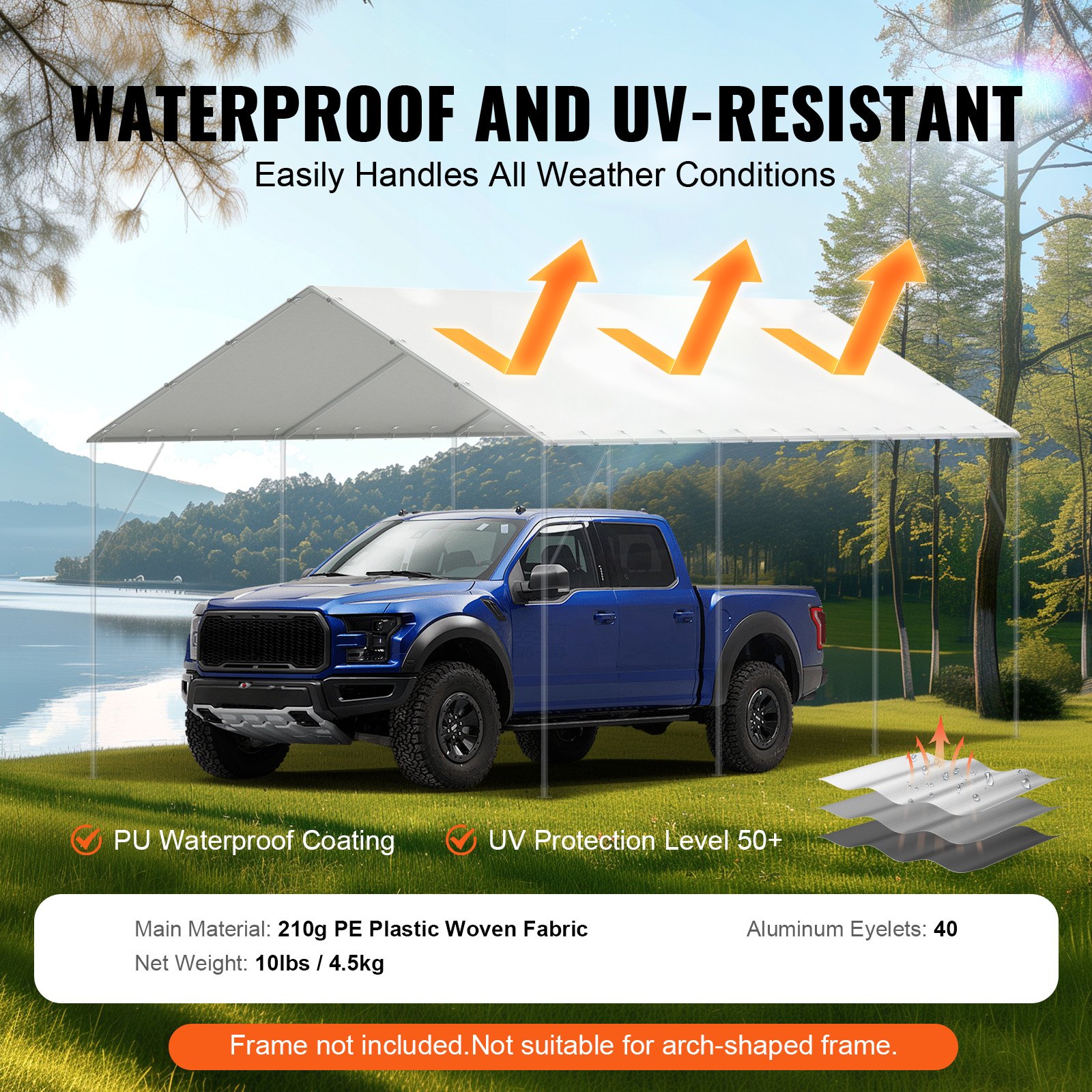 VEVOR 10 x 20 ft Carport Replacement Canopy Cover, Garage Top Tent Shelter Tarp Heavy-Duty Waterproof & UV Protected, Easy Installation with 40 Ball Bungeess (Only Top Cover, Frame Not Include), White