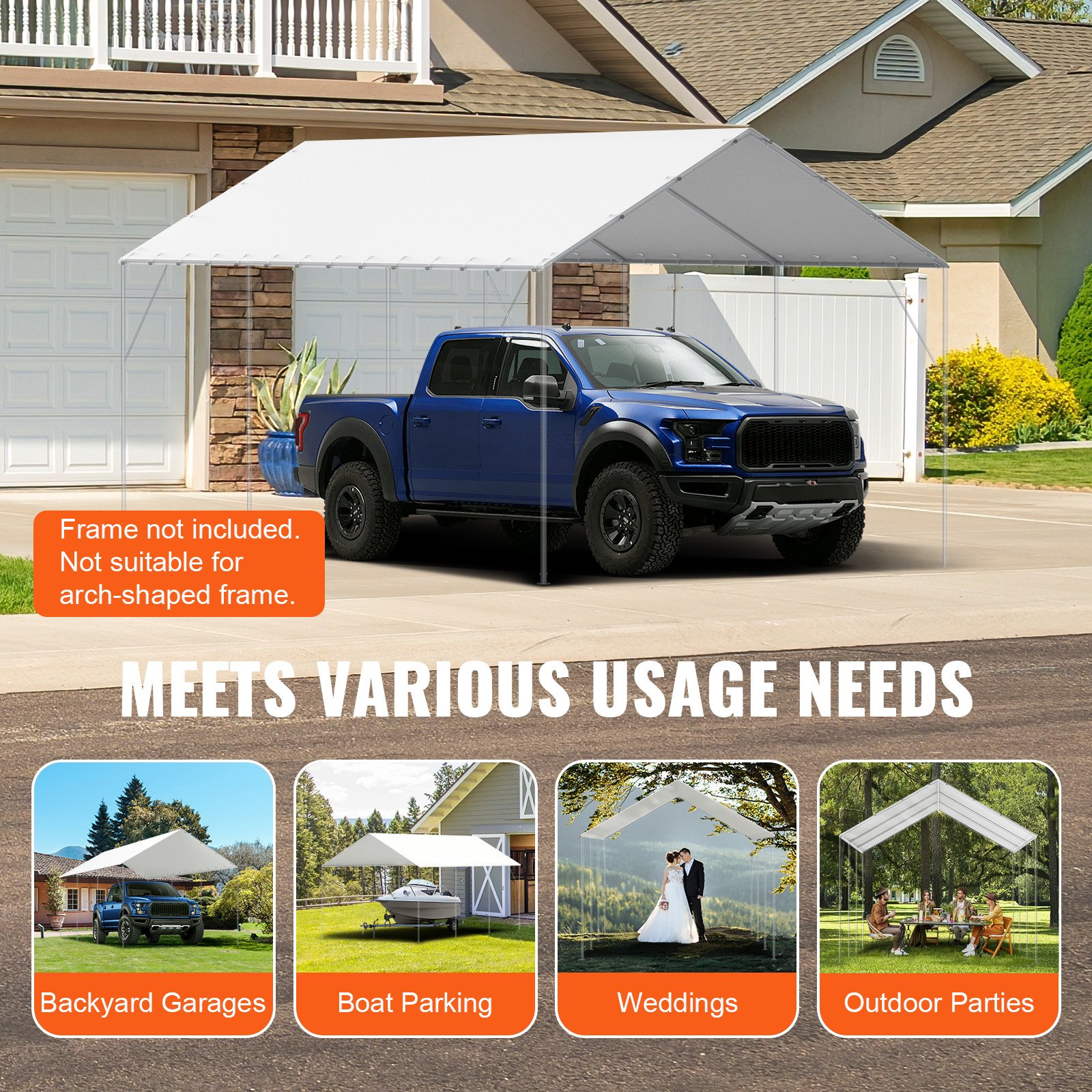 VEVOR 10 x 20 ft Carport Replacement Canopy Cover, Garage Top Tent Shelter Tarp Heavy-Duty Waterproof & UV Protected, Easy Installation with 40 Ball Bungeess (Only Top Cover, Frame Not Include), White