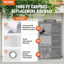 VEVOR Carport Replacement Canopy Cover Side Wall 10 x 20 ft, Garage Tent Shelter Tarp Heavy-Duty Waterproof & UV Protected, Easy Installation with Ball Bungees,White (Top and Frame Not Included)