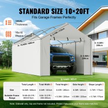 VEVOR Carport Replacement Canopy Cover Side Wall 10 x 20 ft, Garage Tent Shelter Tarp Heavy-Duty Waterproof & UV Protected, Easy Installation with Ball Bungees,White (Top and Frame Not Included)