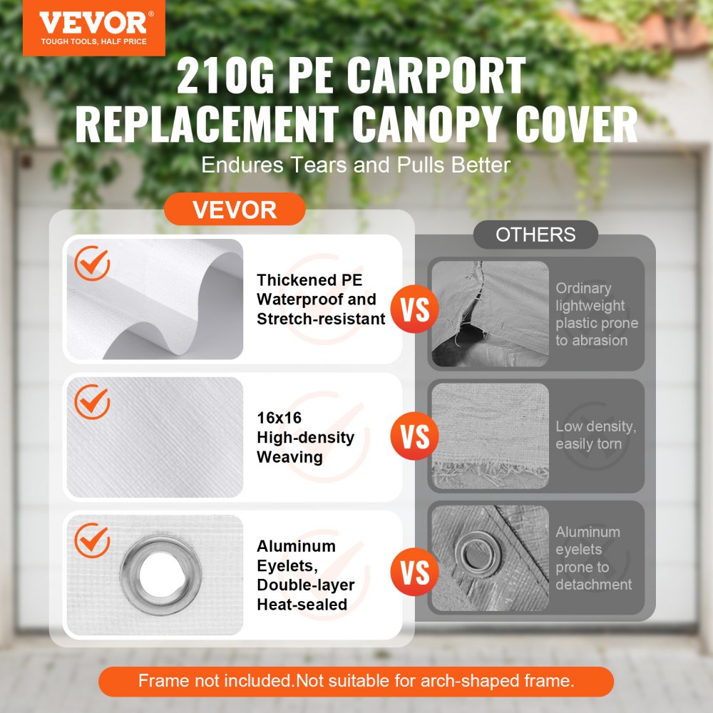 VEVOR Carport Replacement Canopy Cover 10 x 20 ft, Garage Top Tent Shelter Tarp Heavy-Duty Waterproof & UV Protected, Easy Installation with Ball Bungees,White (Only Top Cover, Frame Not Include)