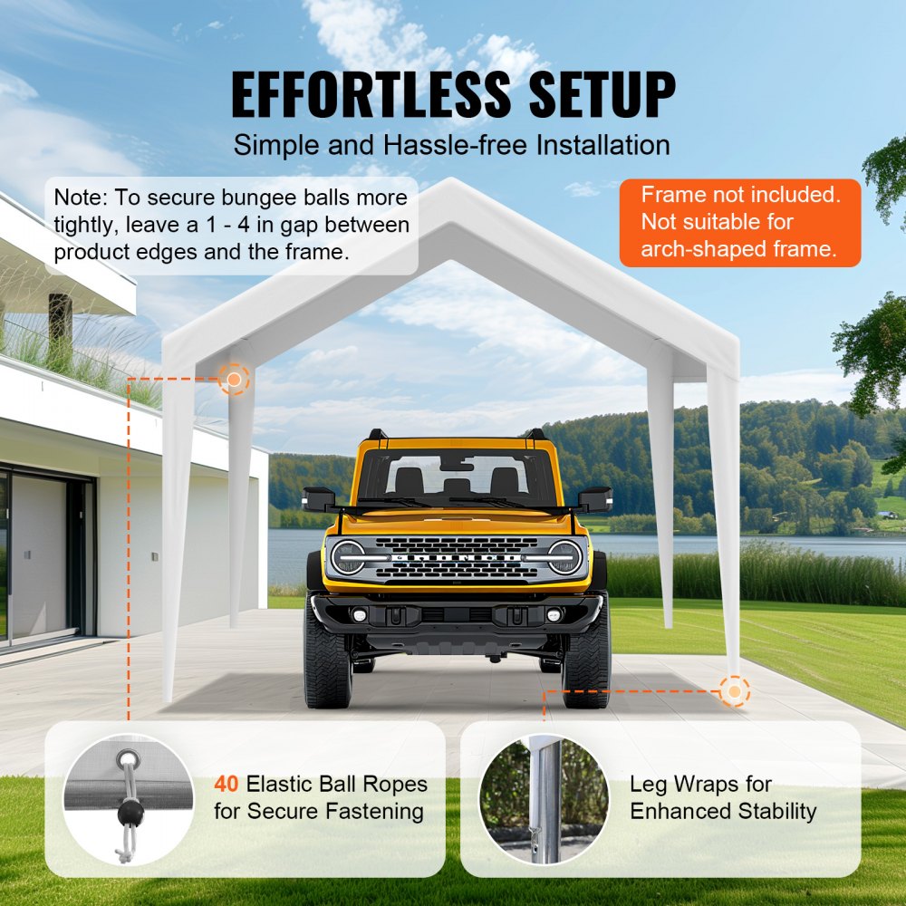 VEVOR Carport Replacement Canopy Cover 10 x 20 ft, Garage Top Tent Shelter Tarp Heavy-Duty Waterproof & UV Protected, Easy Installation with Ball Bungees,White (Only Top Cover, Frame Not Include)