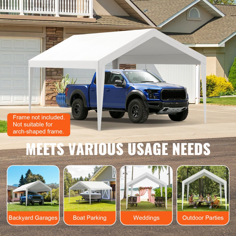 VEVOR Carport Replacement Canopy Cover 10 x 20 ft, Garage Top Tent Shelter Tarp Heavy-Duty Waterproof & UV Protected, Easy Installation with Ball Bungees,White (Only Top Cover, Frame Not Include)