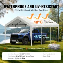 VEVOR Carport Replacement Canopy Cover 10 x 20 ft, Garage Top Tent Shelter Tarp Heavy-Duty Waterproof & UV Protected, Easy Installation with Ball Bungees,White (Only Top Cover, Frame Not Include)