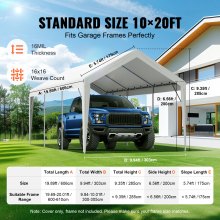 VEVOR Carport Replacement Canopy Cover 10 x 20 ft, Garage Top Tent Shelter Tarp Heavy-Duty Waterproof & UV Protected, Easy Installation with Ball Bungees,White (Only Top Cover, Frame Not Include)