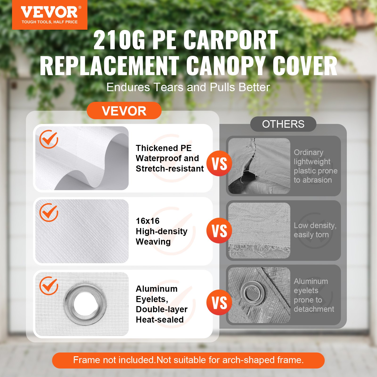 VEVOR Carport Replacement Canopy Cover 10 x 20 ft, Garage Top Tent Shelter Tarp Heavy-Duty Waterproof & UV Protected, Easy Installation with Ball Bungees,White (Only Top Cover, Frame Not Include)