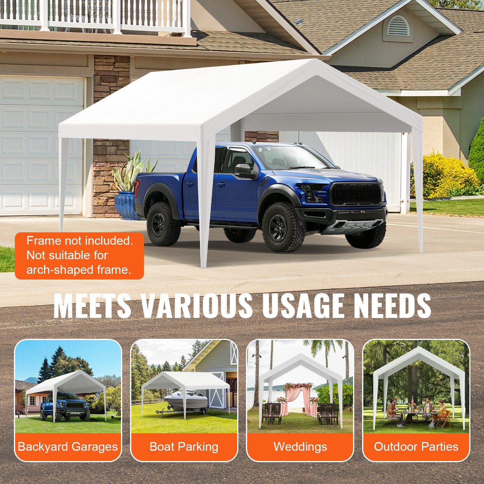 VEVOR Carport Replacement Canopy Cover 10 x 20 ft, Garage Top Tent Shelter Tarp Heavy-Duty Waterproof & UV Protected, Easy Installation with Ball Bungees,White (Only Top Cover, Frame Not Include)