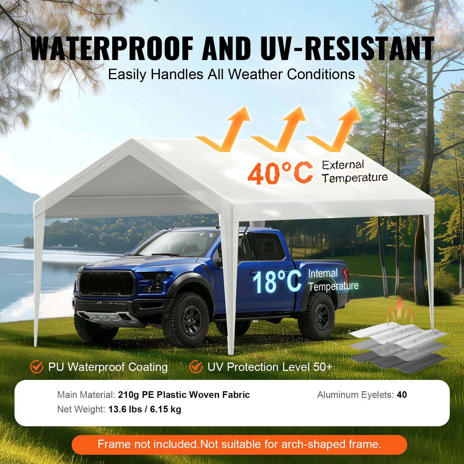 VEVOR Carport Replacement Canopy Cover 6100 x 3040 mm, Garage Top Tent Shelter Tarp Heavy-Duty Waterproof & UV Protected, Easy Installation with Ball Bungees,White (Only Top Cover, Frame Not Include)