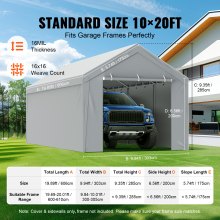 VEVOR Carport Replacement Canopy Cover Top + Side Wall 10 x 20 ft, Garage Tent Shelter Tarp Heavy-Duty Waterproof & UV Protected, Easy Installation with Ball Bungees,Gray (Frame Not Included)