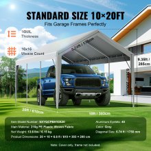 VEVOR Carport Replacement Canopy Cover 10 x 20 ft, Garage Top Tent Shelter Tarp Heavy-Duty Waterproof & UV Protected, Easy Installation with Ball Bungees,Grey (Only Top Cover, Frame Not Include)