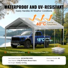 VEVOR Carport Replacement Canopy Cover 10 x 20 ft, Garage Top Tent Shelter Tarp Heavy-Duty Waterproof & UV Protected, Easy Installation with Ball Bungees,Grey (Only Top Cover, Frame Not Include)