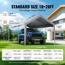 VEVOR Carport Replacement Canopy Cover 10 x 20 ft, Garage Top Tent Shelter Tarp Heavy-Duty Waterproof & UV Protected, Easy Installation with Ball Bungees,Grey (Only Top Cover, Frame Not Include)