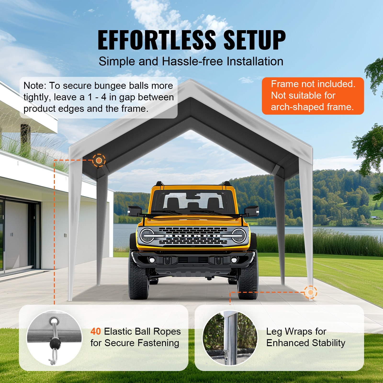 VEVOR Carport Replacement Canopy Cover 6100 x 3040 mm Garage Top Tent Shelter Tarp Heavy-Duty Waterproof & UV Protected, Easy Installation with Ball Bungees,Grey (Only Top Cover, Frame Not Include)