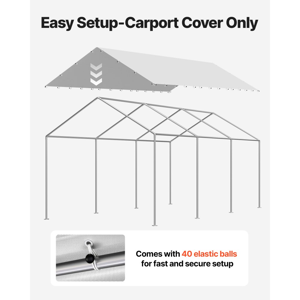 VEVOR Carport Replacement Canopy, 10 x 20 ft Potable Garage Tent Top Tarp, UV-Resistant & Waterproof Car Shelter Tarp, Heavy Duty Car Port Cover with Ball Buggees, Grey, Frame Not Included