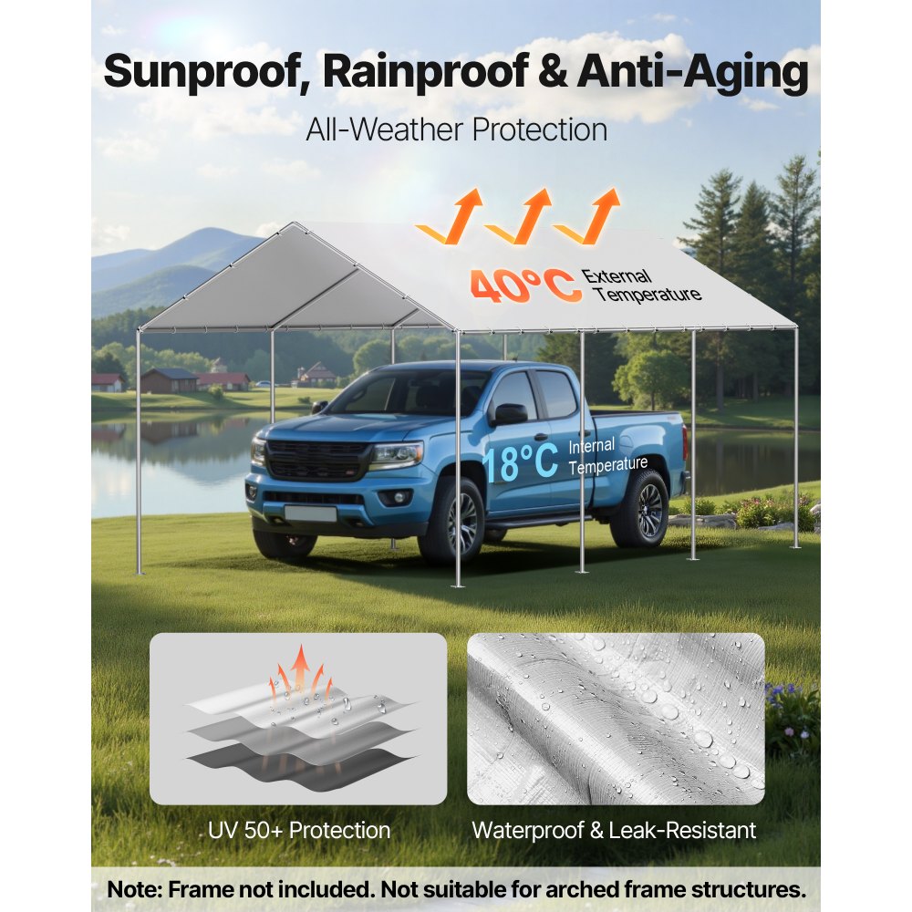 VEVOR Carport Replacement Canopy, 10 x 20 ft Potable Garage Tent Top Tarp, UV-Resistant & Waterproof Car Shelter Tarp, Heavy Duty Car Port Cover with Ball Buggees, Grey, Frame Not Included